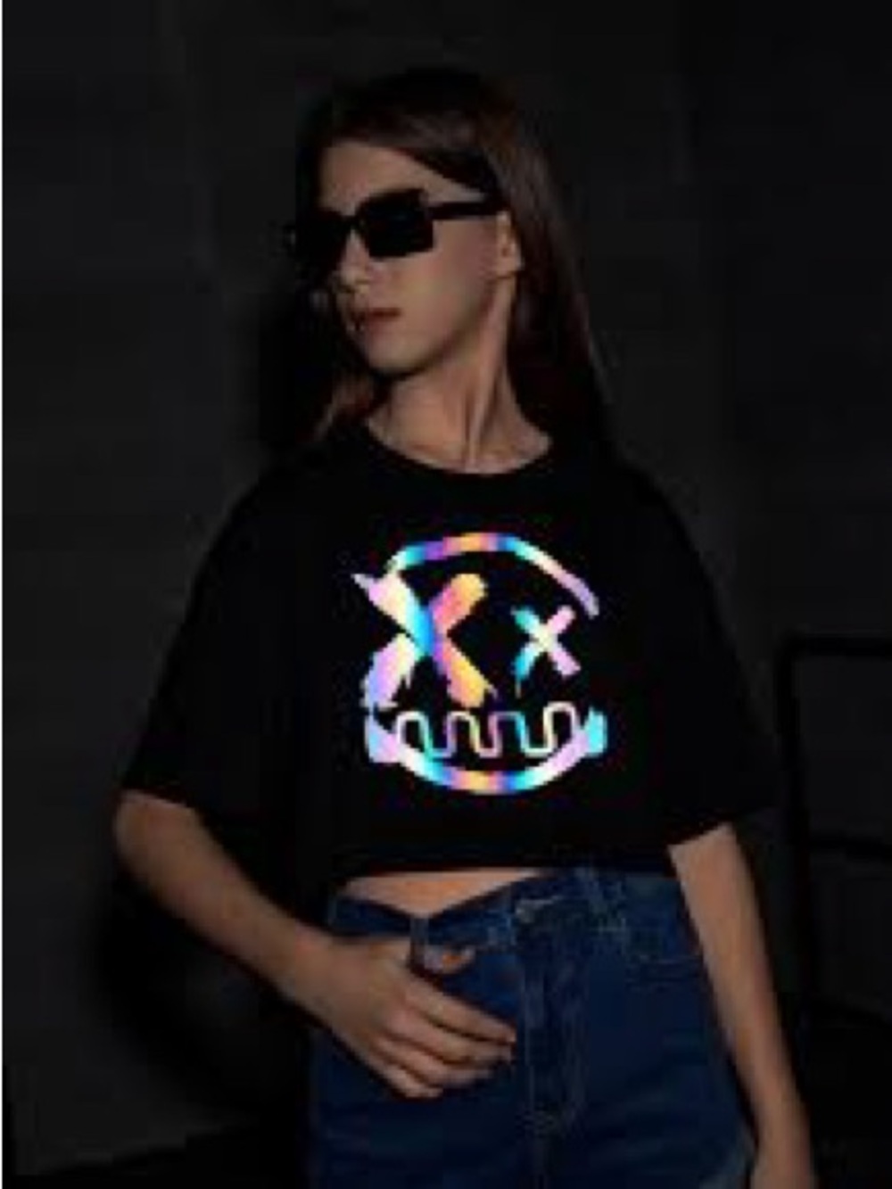 SHEIN Black Graphic Cropped Tee with Rainbow Print
